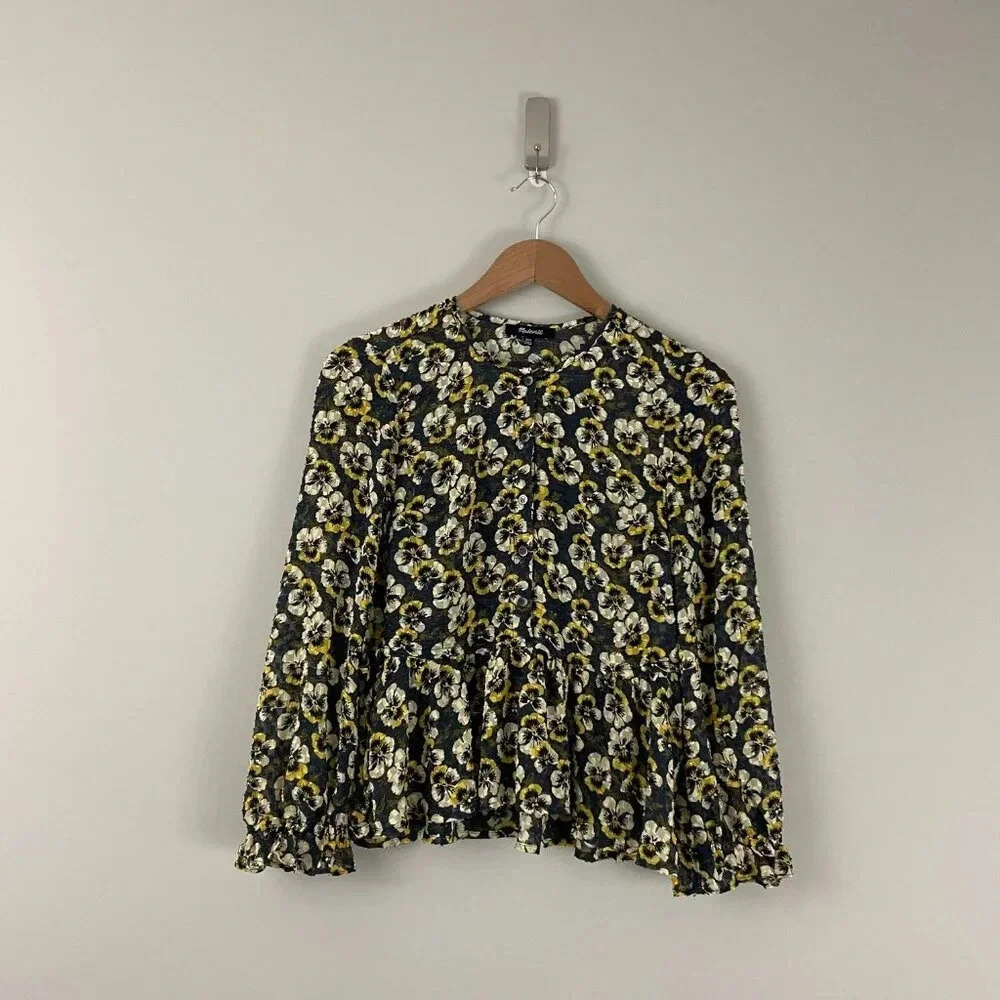 Madewell Drawstring Ruffle-Hem Top in Viola Floral Size XXS